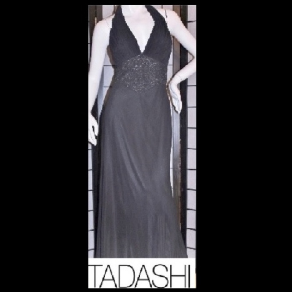 Tadashi Shoji Black Halter Maxi Dress with Embellished Waist